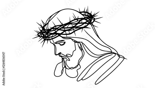 Jesus Christ with crown of thorns in stylized line drawing