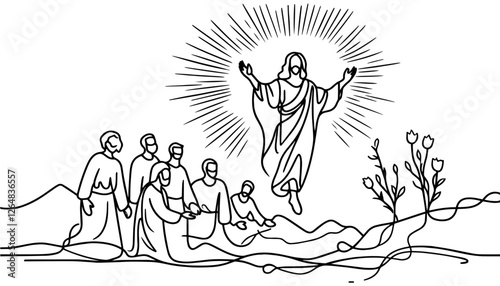 Jesus ascension with disciples in one line drawing style