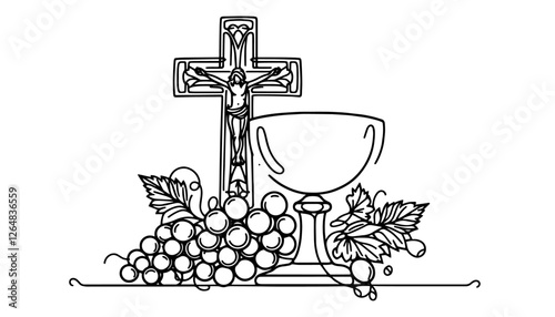 christian cross with chalice and grapes in stylized line art