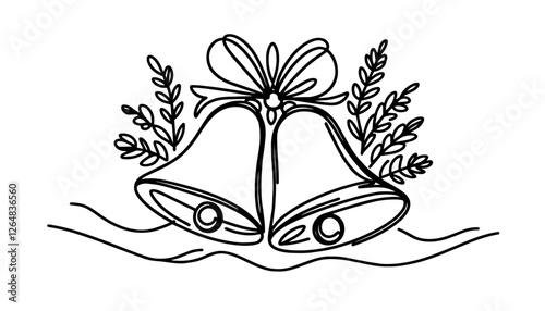 festive bells with ribbon and leaves in stylized line art vector