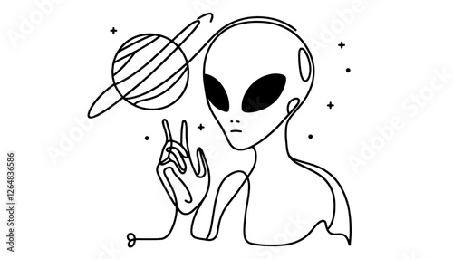 alien with large eyes and planet in one line drawing vector style