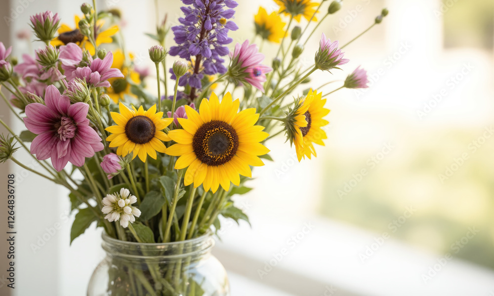 Obraz premium A stunning bouquet of freshly picked wildflowers in a simple glass vase, with soft sunlight filtering through the petals