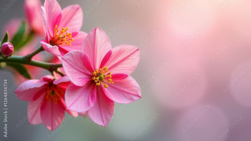 A bouquet of delicate, pink flowers on a plain background. The concept of a postcard for the spring holidays. Free space for text. A bouquet of delicate, pink flowers on a plain background. The concept of a postcard for the spring holidays. Free space for text.