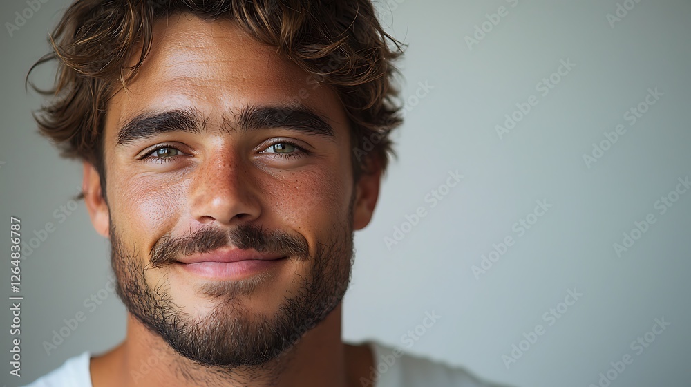 Fototapeta premium Handsome man smiling, studio portrait, neutral background, for advertising