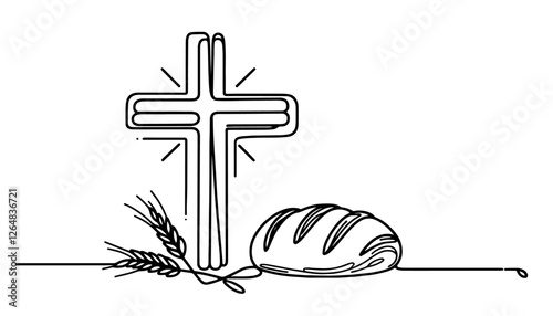 christian cross with bread and wheat in one line drawing style