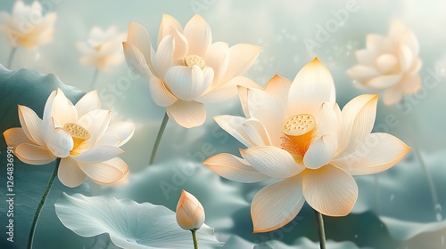Serene Pastel Lotus Blossoms in Peaceful Pond Setting Exquisite Floral Art