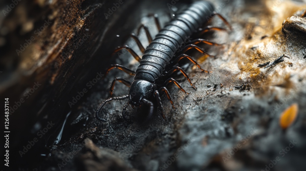 Obraz premium A black centipede crawling on a damp cave wall, with soft light and shadows around. The centipede is moving quickly, its many legs working in unison. 