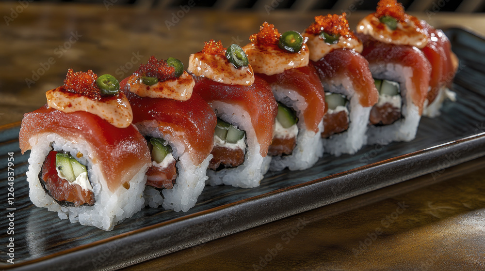 Delicious sushi rolls with fresh fish, avocado, and spicy toppings Delicious sushi rolls with fresh fish, avocado, and spicy toppings