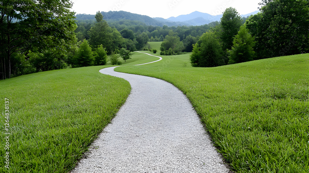 Winding path through green hills, scenic view, peaceful landscape, nature walk Winding path through green hills, scenic view, peaceful landscape, nature walk