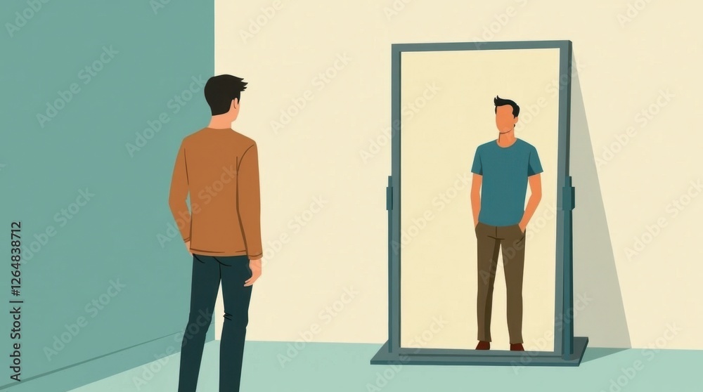 Stylized Vector Illustration of a Man Contemplating in Front of a Mirror Stylized Vector Illustration of a Man Contemplating in Front of a Mirror