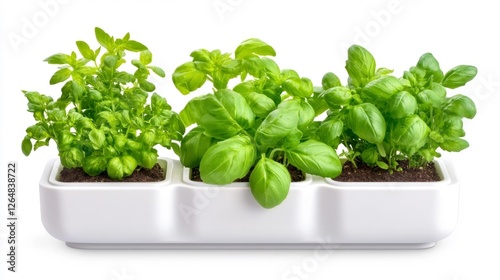 Basil Plants Growing in White Pots Isolated on White Background. Generative AI photo