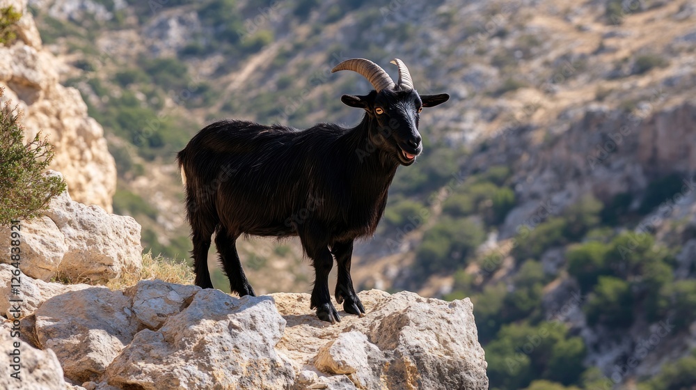 A black goat standing confidently on a rocky mountain cliff, with a deep valley and distant peaks in the background. The goat is chewing on some grass, its horns glinting in the sunlight. A black goat standing confidently on a rocky mountain cliff, with a deep valley and distant peaks in the background. The goat is chewing on some grass, its horns glinting in the sunlight.