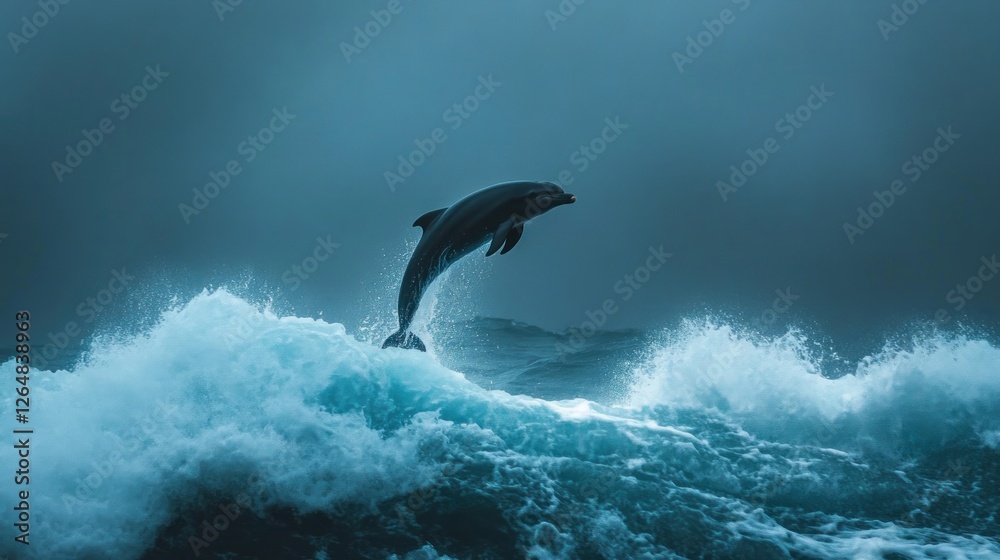A black dolphin leaping out of the deep blue ocean, with waves crashing around it. The dolphin is mid-air, its sleek body glistening in the sunlight. A black dolphin leaping out of the deep blue ocean, with waves crashing around it. The dolphin is mid-air, its sleek body glistening in the sunlight.