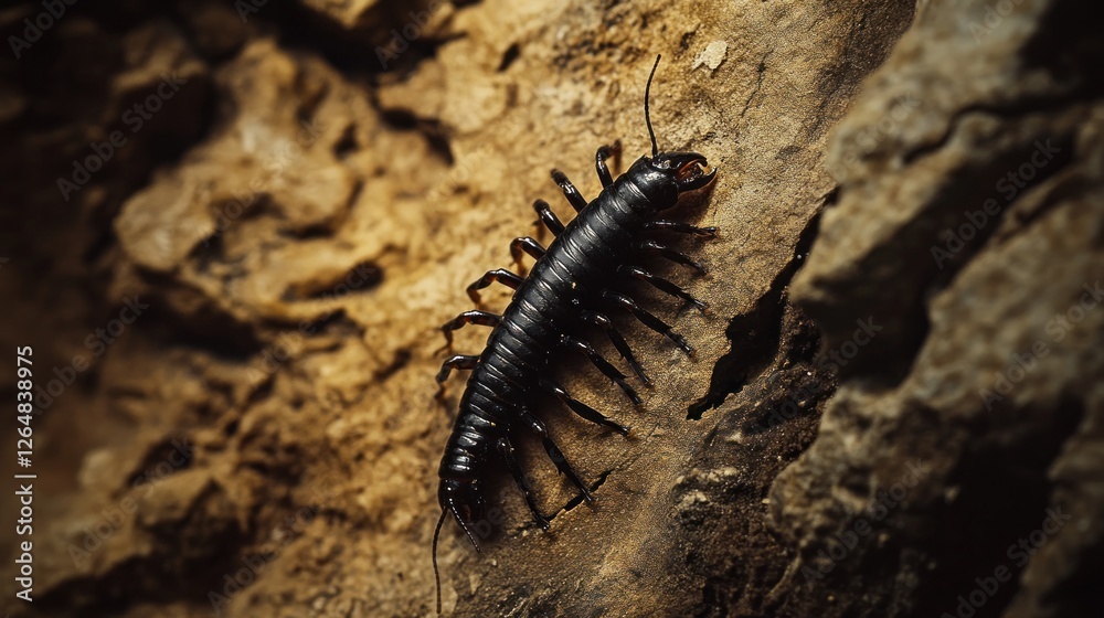 Obraz premium A black centipede crawling on a damp cave wall, with soft light and shadows around. The centipede is moving quickly, its many legs working in unison. 