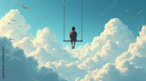 Surreal Loneliness: Figure on a Swing in the Clouds