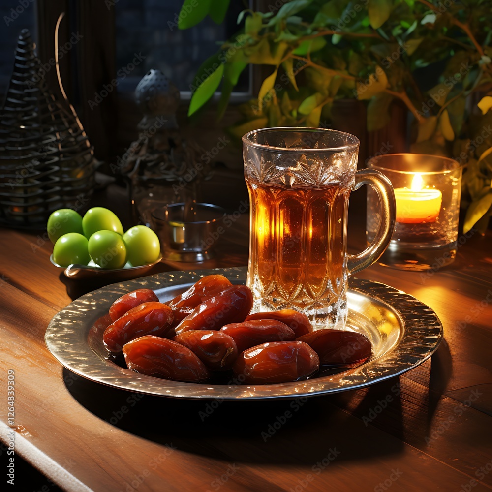 A tray of dates and a glass of water placed on a wooden table, ready for Iftar. Ramadan A tray of dates and a glass of water placed on a wooden table, ready for Iftar. Ramadan