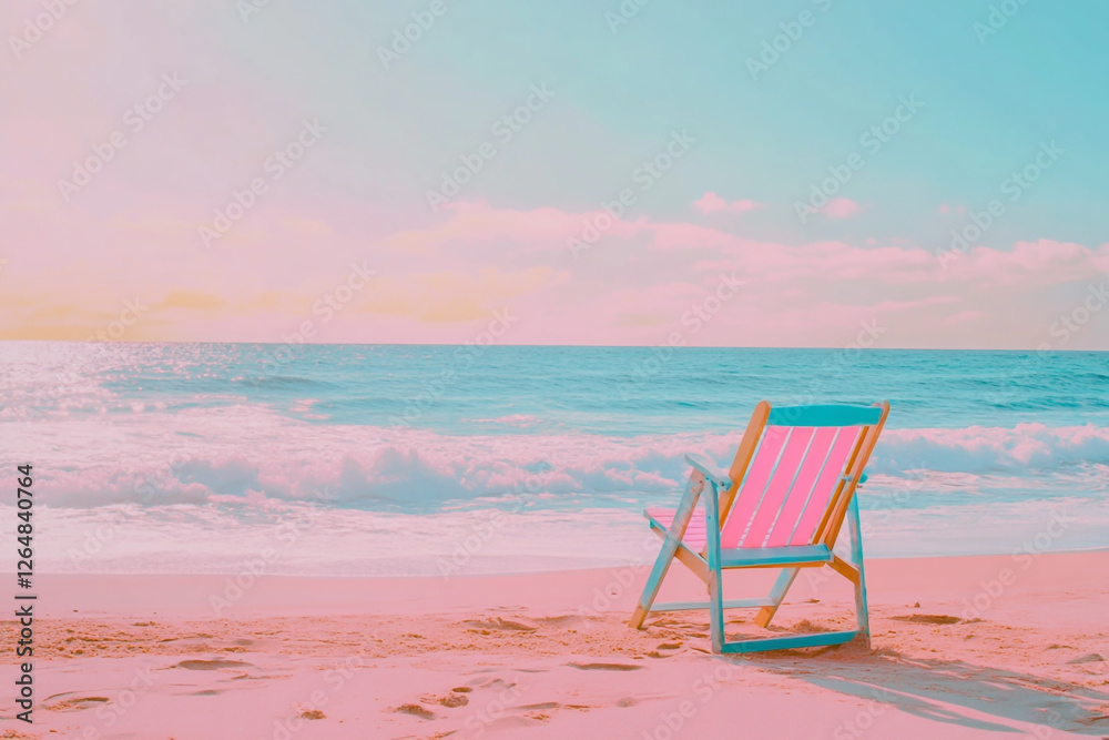 A vibrant, colorful beach chair resting on soft sand, with a serene ocean view in soothing pastel hues. A vibrant, colorful beach chair resting on soft sand, with a serene ocean view in soothing pastel hues.