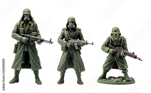 Green Military Soldier Figurines with Gas Masks and Rifles