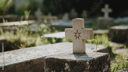 Gravestone with Faith Symbol in Serene Cemetery Setting photo