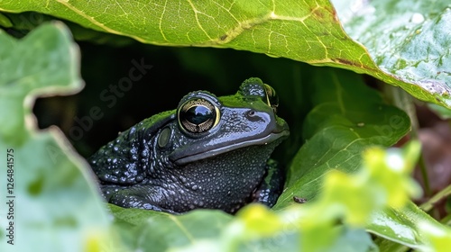 A black toad sitting under a large leaf in a garden, with soft sunlight filtering through. The toad is blinking, its warty skin glistening.