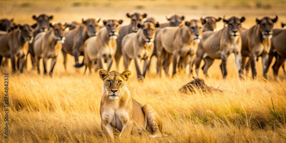 Fototapeta premium Lioness Relaxing in Golden Grasslands with Herd of Eland Antelope