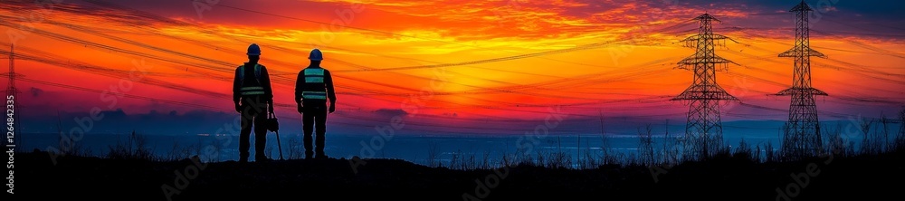 Naklejka premium Workers overlooking the electrical power lines during sunset. Generative AI