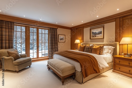Cozy bedroom with large windows revealing a snowy landscape during winter evenings