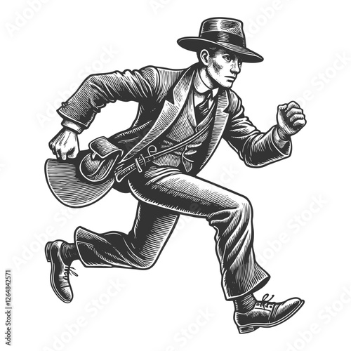 man in a suit and hat running with urgency, evoking a vintage noir or historical theme sketch engraving generative ai vector illustration. Scratch board imitation. Black and white image.