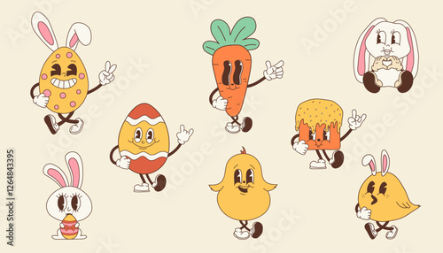 Set of Groovy Cute Easter Characters