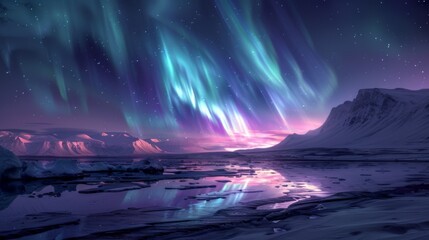 Rideaux  Stunning auroras dance above a tranquil lake in Iceland, reflecting vibrant colors on the icy surface while mountains loom in the background under a star filled sky.  © Prostock-studio