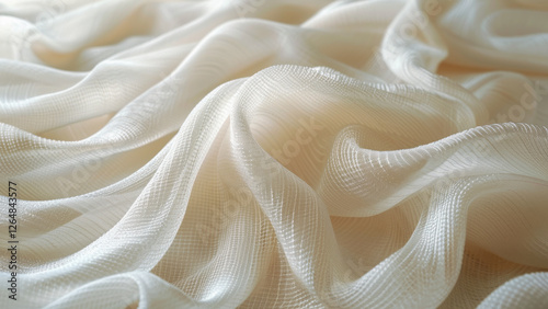 Close up of a white fabric with soft, delicate lines.. White satin texture. Beautiful soft white pattern natural wave texture background