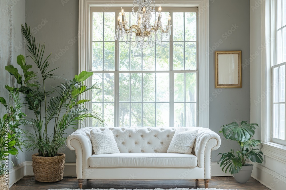Cozy living room featuring a white tufted sofa and green plants beside large windows in a well-lit space Cozy living room featuring a white tufted sofa and green plants beside large windows in a well-lit space