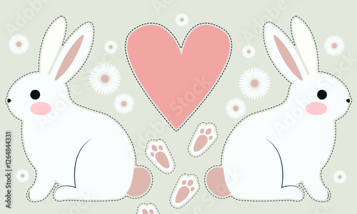 rabbit with heart A cute Easter-themed illustration featuring two white bunnies with pink cheeks, a large pink heart in the center, daisy flowers, and scattered bunny paw prints on a soft pastel green