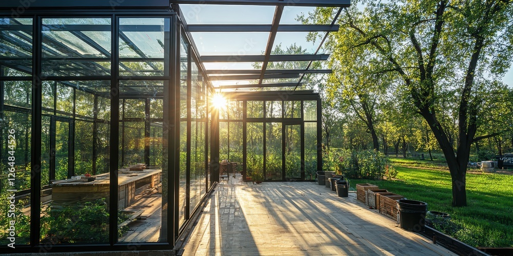 Sunset streaming through a modern glasshouse surrounded by lush greenery Sunset streaming through a modern glasshouse surrounded by lush greenery