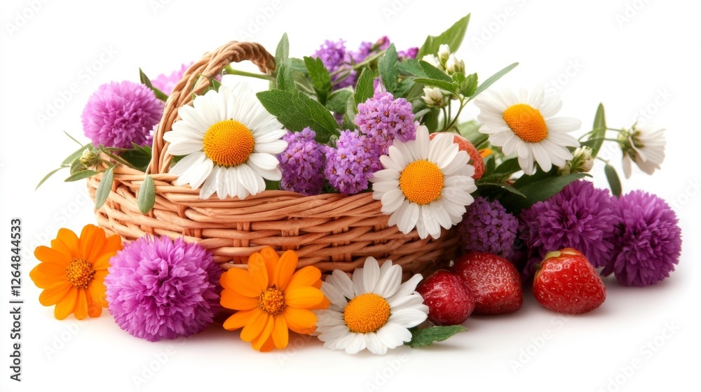 Bright Flower Basket with Fresh Strawberries and Colorful Blooms. Generative AI Bright Flower Basket with Fresh Strawberries and Colorful Blooms. Generative AI