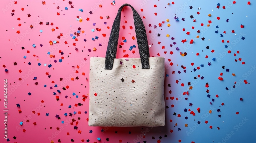Canvas tote bag surrounded by colorful star confetti on a pink and blue background. Generative AI Canvas tote bag surrounded by colorful star confetti on a pink and blue background. Generative AI