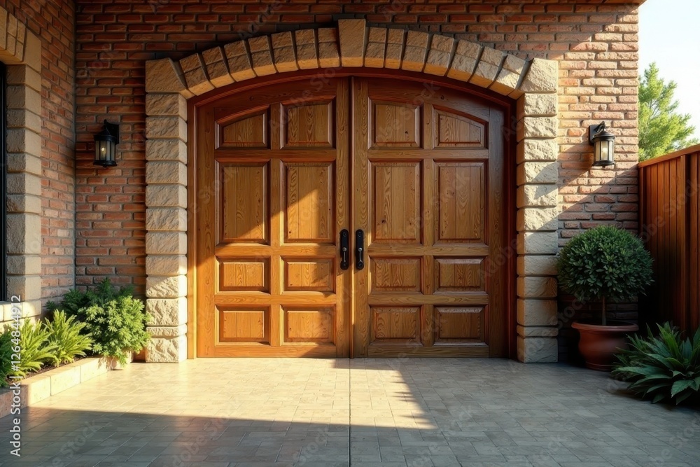 Warm Sunlight Illuminates Elegant Wooden Double Doors Set in a Brick Archway, Flanked by Lush Greenery and Outdoor Lighting Warm Sunlight Illuminates Elegant Wooden Double Doors Set in a Brick Archway, Flanked by Lush Greenery and Outdoor Lighting