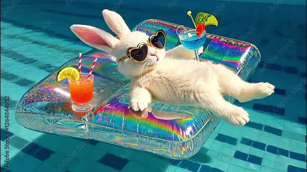 Cheerful bunny with glasses with cocktail and inflatable circle in pool