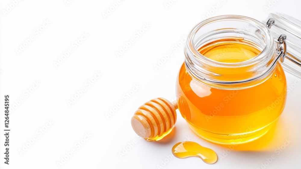 Honey in a Glass Jar with Wooden Dipper on White Background. Generative AI Honey in a Glass Jar with Wooden Dipper on White Background. Generative AI
