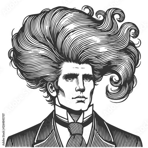 gentleman with an incredibly large, curly hairstyle, blending humor, surrealism, and vintage artistic style sketch engraving generative ai vector illustration. Scratch board. Black and white image.