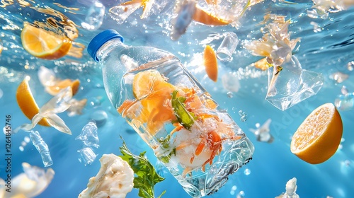 Plastic Waste Floating in Clear Ocean Waters with Fruit and Ice Cubes Adding to the Pollution Scene photo