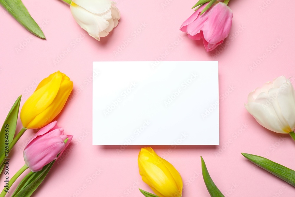 Beautiful fresh tulips with white paper card on color background Beautiful fresh tulips with white paper card on color background