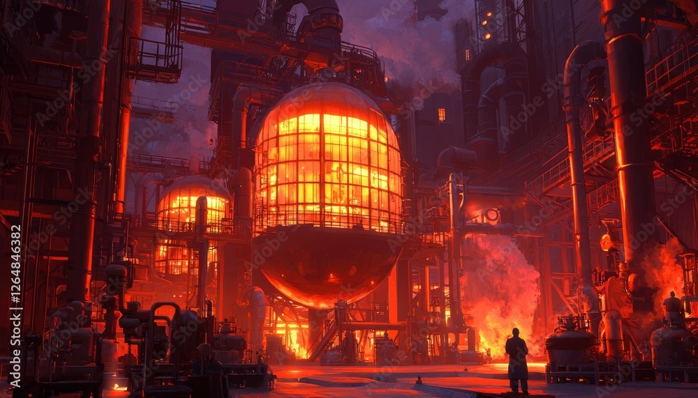 Obraz premium Worker surveys the factory floor with large glowing spheres in a dim, orange light