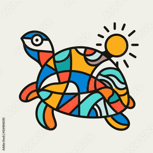 Sunny Turtle: Vibrant, geometric turtle design. Bold colors and lines create a playful, modern illustration of a turtle basking in sunshine. Perfect for summer designs, kids' products.