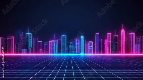 Neon cityscape at night, retro futuristic style.