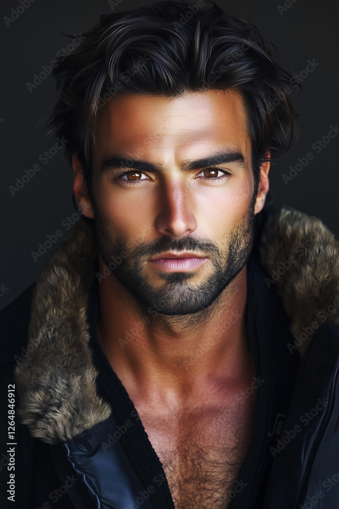 Fototapeta premium photo of a young Mediterranean man with tanned skin, chiseled jawline, and tousled dark brown hair, gazing intensely at the camera. His facial features are strong and well-defined