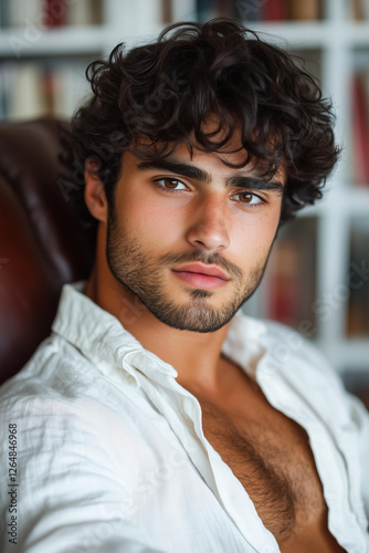 photo of a young Mediterranean man with tanned skin, deep brown eyes, and naturally curly dark hair, sitting comfortably in a leather armchair. He has sharp facial features, a well-groomed light beard photo