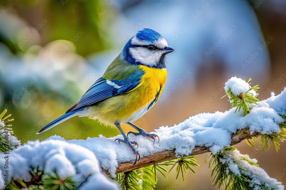Obraz premium Blaumeise Bird in Snowy Forest Landscape, AI Photography