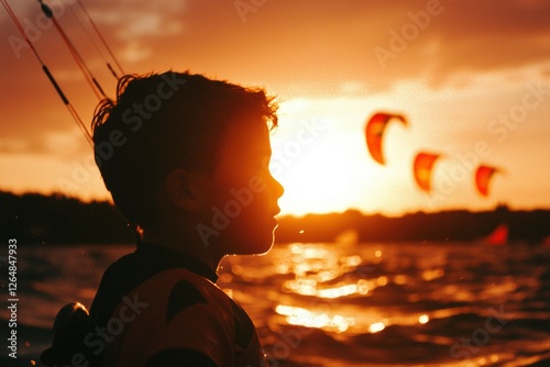 Boy watching kitesurfing at sunset on the sea with a forest silhouette behind