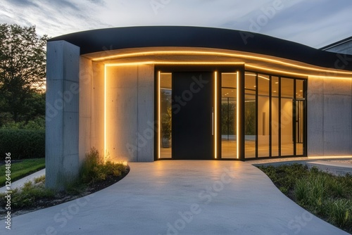 minimalist architectural masterpiece featuring a matte black curved door with geometric led lighting insets, frosted glass sidelite panel, floating concrete entrance photo